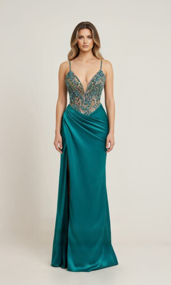 Embellished Plunge Gown — Emerald