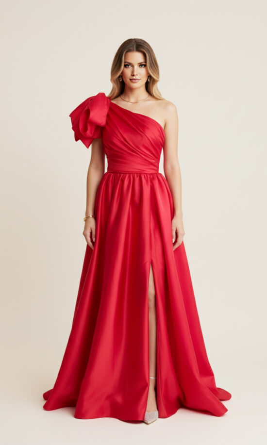 One Shoulder Bow Ball Gown — Red