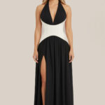 Two-Tone Halter Corset Gown — Black & Ivory