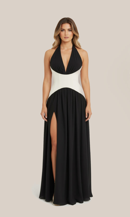 Two-Tone Halter Corset Gown — Black & Ivory